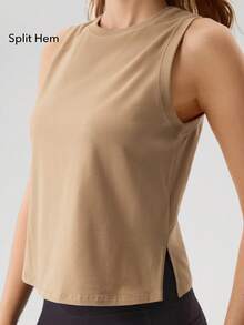 Áo tập gym nữ, áo tank top thể thao màu trơn, tập luyện yoga, phong cách thường ngày mùa hè xuân, chất liệu pha modal mềm mại, co giãn, vạt cong. - Màu be - Xem 4
