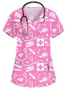 PopScrub Women's Pink V-Neck Short Sleeve Blouse,Cute Cartoon Tool Print,Functional Dual Pockets,Nurse Doctor Veterinary Uniform,Work Schoolgirl Lab Coat - Pink - View 1