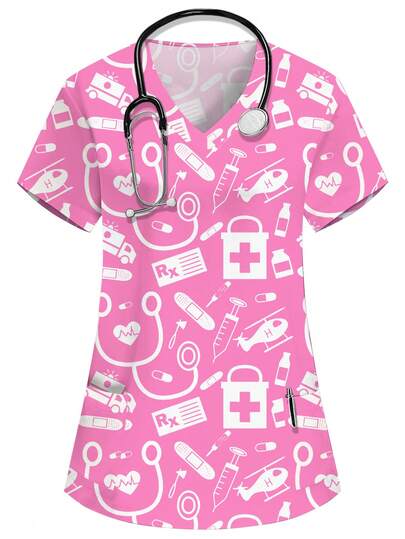 PopScrub Women's Pink V-Neck Short Sleeve Blouse With Dual Pockets, Cute Cartoon Tool Print, Suitable For Nurse, Doctor, Veterinary, Nutritionist Uniform, Lab Coat, Functional Multi-Pocket Design, Adorable