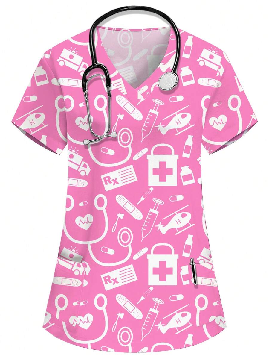 PopScrub Women's Pink V-Neck Short Sleeve Blouse,Cute Cartoon Tool Print,Functional Dual Pockets,Nurse Doctor Veterinary Uniform,Work Schoolgirl Lab Coat - Pink - View 1