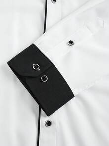Officeau Men's White Shirt Contrast Trim Long Sleeve Formal Shirt, For Fall - White - View 4