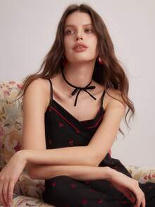 樱桃印花吊带背心和裤子女士夏季睡衣睡衣套装 - 黑色 - 查看 2