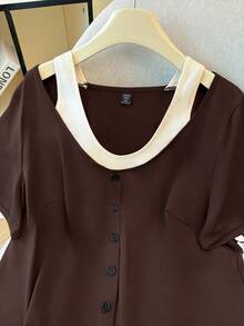 GlowEve CURVE Plus Size Coffee Brown Casual Knitted T-Shirt Regular Sleeve Top With Contrast V-Neck Design For Women - Coffee Brown - View 7