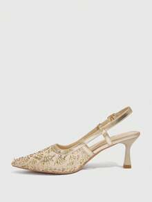CUCCOO SZL 尖头新款透气镂空串珠时尚百搭气质优雅性感仙女金色高跟鞋 - 金色 - 查看 4