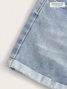 SHEIN EZwear Quần short denim cạp cao, gấu quần xắn, dành cho nữ, mùa hè. - Màu xanh lam - Xem 4