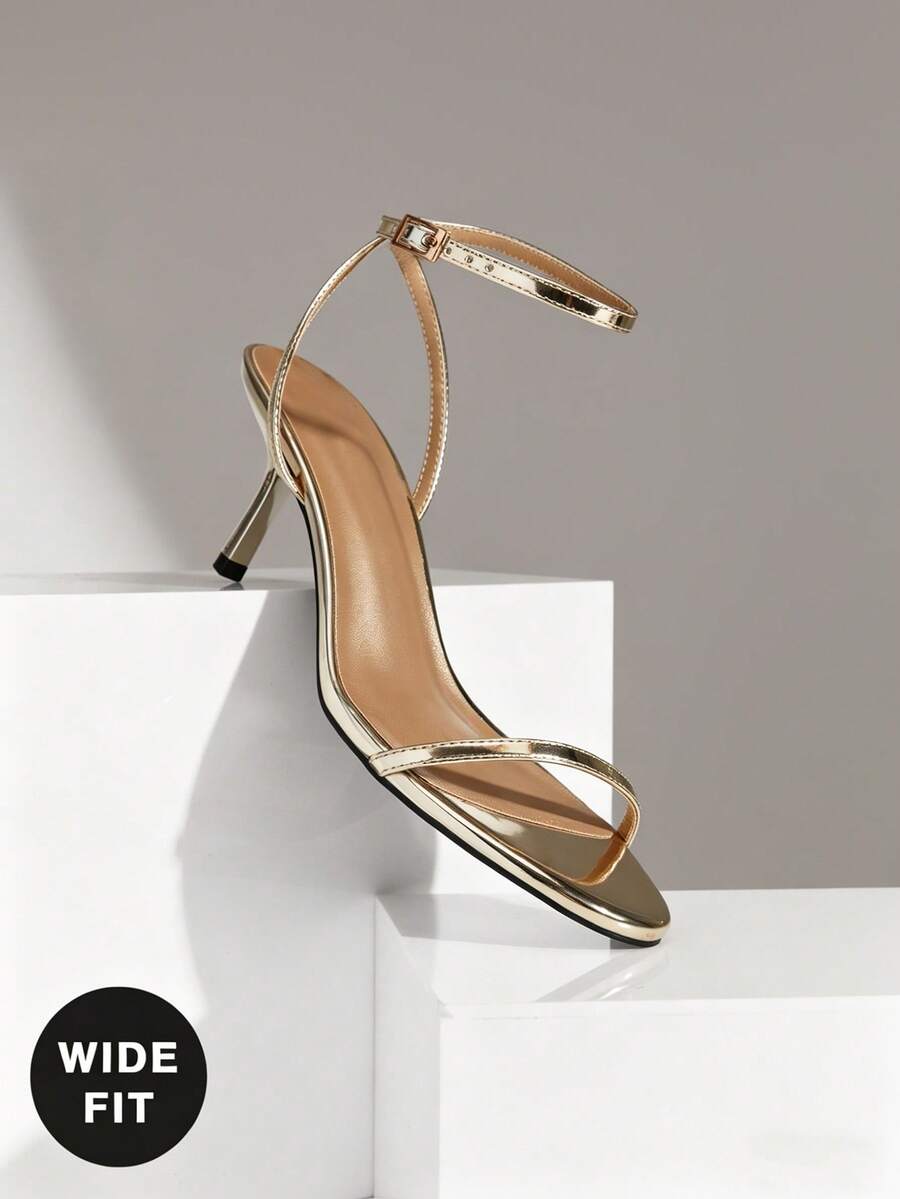 SHUZIA 女士宽楦优雅踝带金属细高跟凉鞋 - 金色 - 查看 1