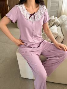 DAZY Women's Elegant Lace Ruffle Collar Knit Pajama Set, Summer - Pink - View 4