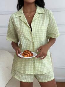 Livesso 女士格子褶皱宽松睡衣套装，清爽夏日 - 綠色 - 查看 5
