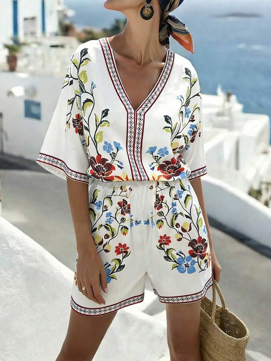 Women's Casual Vacation Printed Sleeveless Cinched Waist Wide Leg Jumpsuit, Spring/Summer - White - View 1