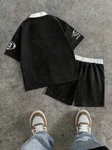 PAVTROS Men's Casual Colorblock Letter Print Zip-Up Short Sleeve Shirt And Shorts Set, Summer - Black and White - View 2