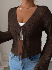 Elenzga Women's Elegant Tie-Front Hollow Out Cardigan - Coffee Brown - View 3