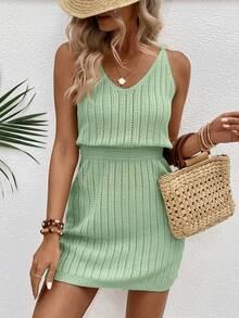 EMERY ROSE 时尚百搭镂空钩编V领女式毛衣连衣裙 - 綠色 - 查看 5