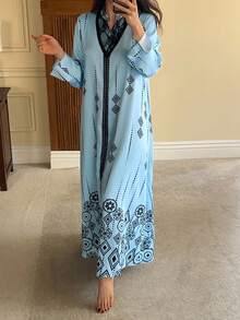 DAZY Geometric Pattern Allover Print Satin & Lace Patchwork Loose Robe For Women Pajamas - Blue - View 3