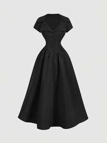 SHEIN MOD 女士纯色纽扣半开襟短袖优雅中长连衣裙 - 黑色 - 查看 8