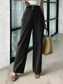 Lavishia 女士百搭纽扣休闲裤，适合日常通勤 - 黑色 - 查看 4