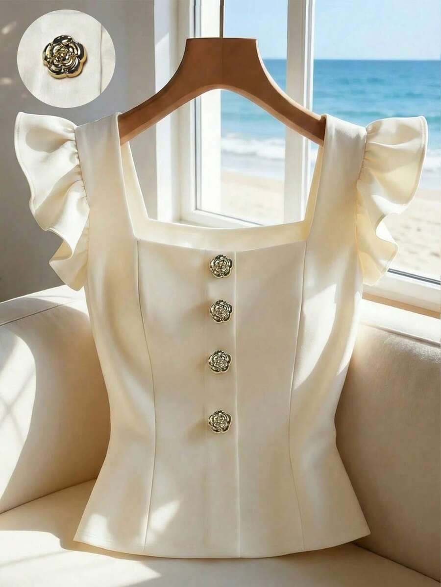 GlowEve 女士夏季纽扣设计方领短袖T恤 - 杏色 - 查看 1