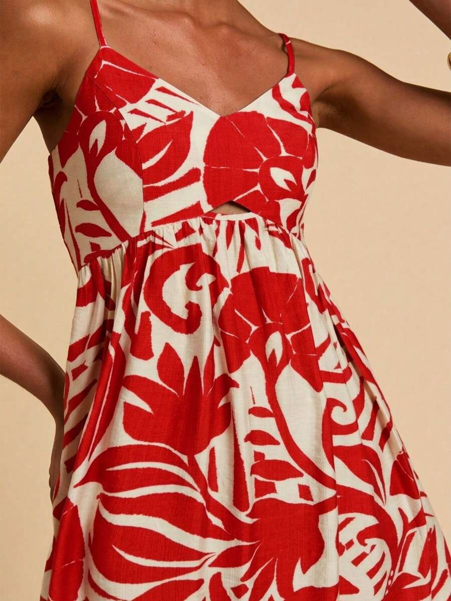 Travachic Woven Printed Spaghetti Strap Mini Dress For Women - Red - View 1