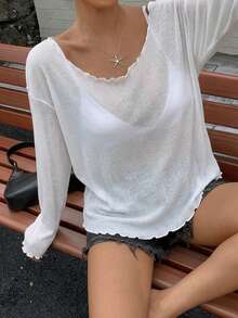 DAZY Women's Loose Fit Deep V-Neck Long Sleeve Sheer Casual Top, Urban Street Style T-Shirt For Summer - White - View 4