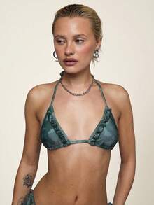 COUREZ Áo bikini tam giác buộc dây cổ họa tiết rằn ri với chi tiết bèo nhún / Trang phục mùa hè Y2K cho nữ, Trang phục mùa xuân cho nữ, Quần áo mùa hè, Trang phục đi nghỉ mát, Trang phục đi biển cho nữ, Bộ đồ đi biển, Áo tắm cho nữ, Bộ bikini cho nữ, Bộ bikini - xanh quân đội - Xem 4