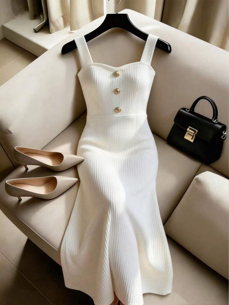 SHEIN Franclia Đầm dệt kim kiểu Pháp thanh lịch dành cho nữ, dây đeo vai rộng, cài nút, thắt eo, đầm dự tiệc sang trọng, đầm nghỉ mát thanh lịch dành cho nữ, đầm mùa hè, đầm trắng, đầm hè cho nữ, đầm ngày lễ tình nhân, đầm lễ hội, đầm dự tiệc, đầm dự tiệc cho nữ, trang phục lễ hội cho nữ, đầm dự tiệc dài, đầm dự tiệc cưới, đầm hè mới cho nữ. - trắng - Xem 1