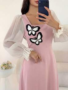 Modelyn 女士春夏长袖雪纺蝴蝶贴花腰部A字优雅连衣裙 - 粉色 - 查看 6