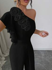 Elenzga Spring & Summer Asymmetric Ruffled Sleeveless Jumpsuit, Pale Yellow, Waist Cinching Design, Elegant Floral Decor, Chic French Style Vacation Wear - Black - View 5