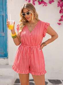 Vivid Eden Plus Size Striped Frill Trim Jumpsuit,Women's Red Summer Boho Satin Vacation Holiday Casual Beach Outfits, Festival Zoey Zante Zanzea Dress - Red - View 8