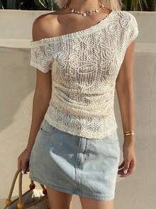 DAZY Áo thun trắng cổ lệch dáng, chất liệu vải dệt họa tiết, kiểu dáng thường ngày, dành cho nữ, thích hợp cho mùa xuân và hè. - trắng - Xem 3