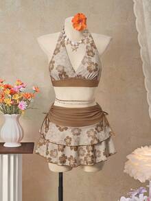 Bellisia 26SS Orange Halter Neck Triangle Bikini Top With Matching Skirt 3 Pieces Set, Beach/Resort Wear - Brown - View 5