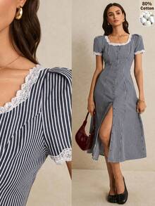 Poéselle Đầm nữ dáng lửng tay cánh hoa ngắn, cổ vuông, phối ren tương phản, kẻ sọc, cài một hàng khuy, kiểu dáng thường ngày. - Màu xanh hải quân - Xem 1