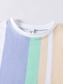 SHEIN Vacaura 2件套：男童条纹圆领短袖T恤和休闲工装短裤 - 綠色 - 查看 7