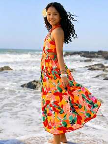 Sparklyn Tween Girl Vacation Casual Floral Print Halter Neck Dress - Multicolor - View 4