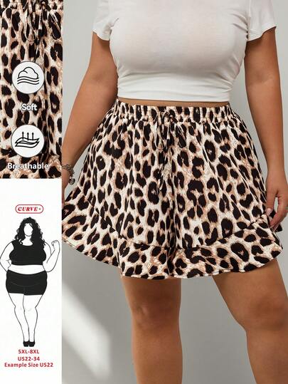 SHEIN CURVE+ Quần short nữ cỡ lớn dáng chữ A họa tiết da báo, viền bèo nhún, kiểu dáng thường ngày, thích hợp cho kỳ nghỉ, hơi xuyên thấu.