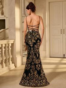 Coutiva Đầm dạ hội hở lưng kiểu đuôi cá xẻ tà, phối ren và đính sequin. - Vàng - Xem 2