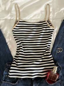 Glimmora 条纹印花撞色滚边休闲无袖背心，夏季必备 - 黑與白 - 查看 2