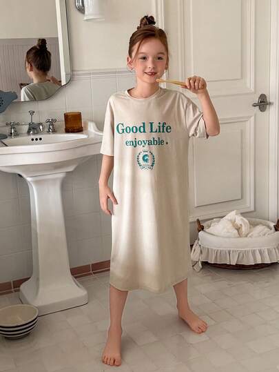 DAZY 字母印花短袖宽松T恤裙，女童休闲家居服