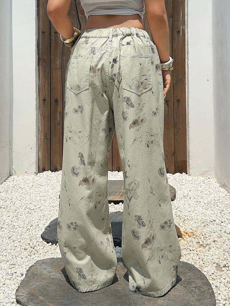 Dazy Plus Fully Allover Print Washed Korean Style Loose Casual Jeans, Plus Size Women Spring/Summer