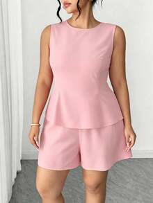 Elenzga Women's Pink Sleeveless 2-Piece Set, Backless Bow Tie Waist Top + Shorts, Suitable For Dates Evening Tea Party, Shopping, Parties, Chic Style Elegant - Baby Pink - View 3
