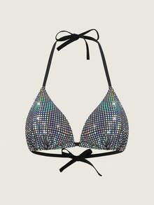 Slaydiva Áo bikini vải sequin cổ yếm cỡ lớn dành cho nữ - Nhiều màu - Xem 6