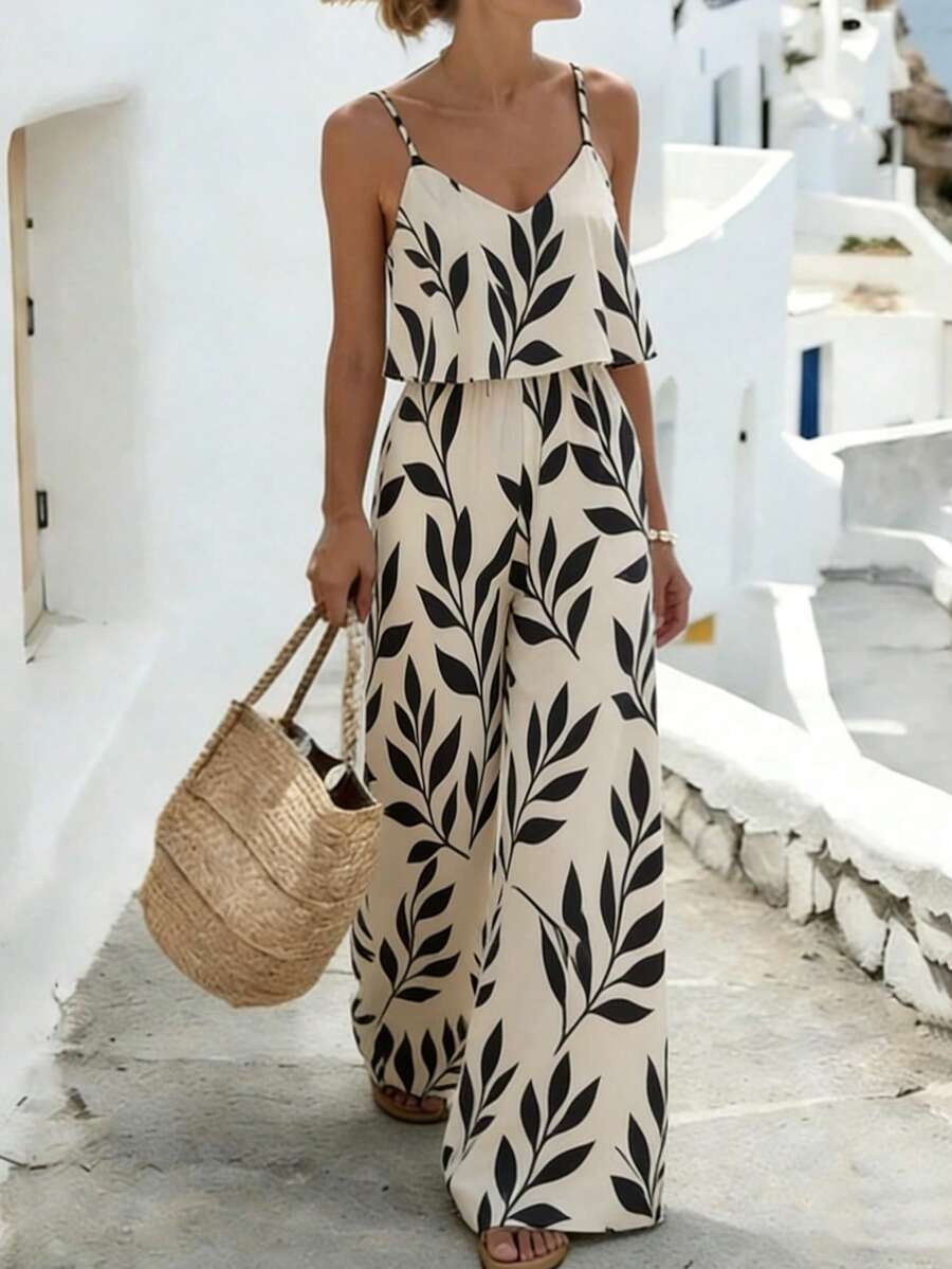 Breezaya French Romantic Black & White Leaf Print Set - Double Layer Camisole Top + High Waist Wide Leg Pants, Botanical Print Casual Jumpsuit - Apricot - View 1