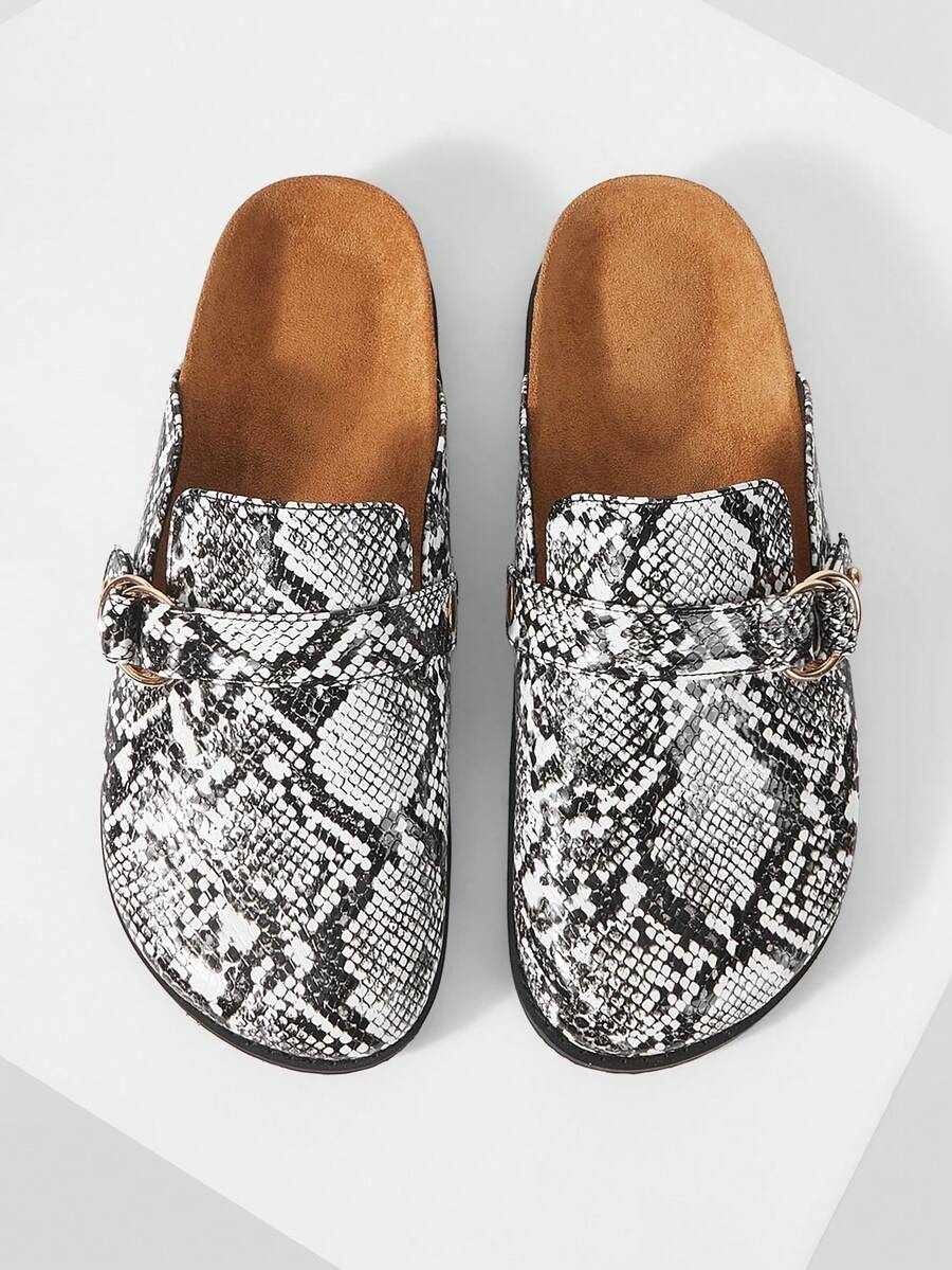 Mnmlis Women's Vintage Fashion Snake Buckle Comfortable Versatile Simple Closed Toe Outer Wear Flat-Bottomed Mule Slippers - Grey - View 1