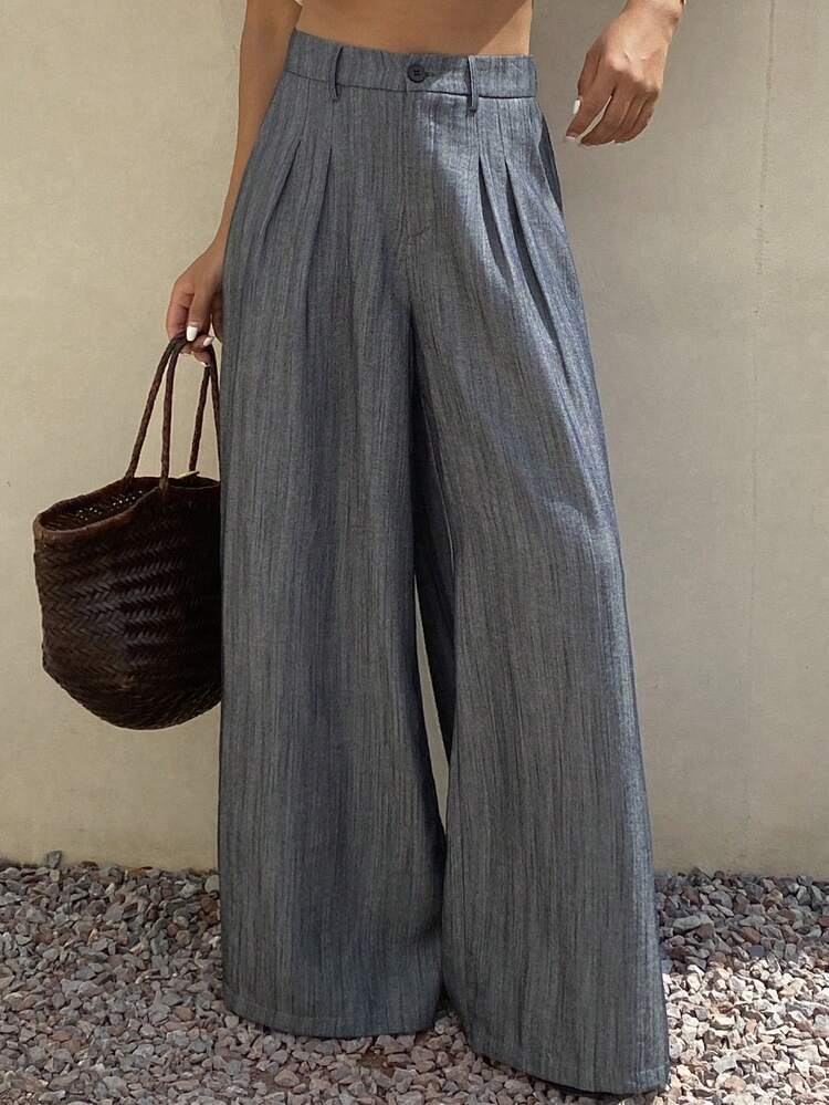 Women's Solid Color Pleated Casual Versatile Wide Leg Pants For Daily Wear