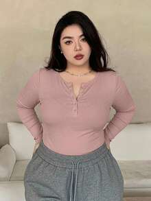 Dazy Plus Partial Zip-Up Elastic Fitted Solid Color Versatile Long Sleeve Black T-Shirt, Spring/Summer/Autumn - Pink - View 3