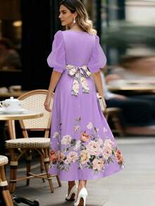 EMERY ROSE Robe élégante à imprimé floral avec nœud pour femmes, convient pour les fêtes et les occasions du soir - Parme - Voir 2