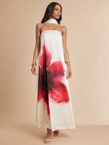 Silquee Đầm dài không dây đeo vai, in kỹ thuật số, chất liệu giống satin, thích hợp cho mùa hè. - Nhiều màu - Xem 2