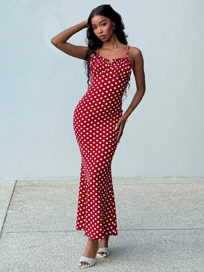 Mima John 春夏女款黑白圆点性感露背细肩带连衣裙