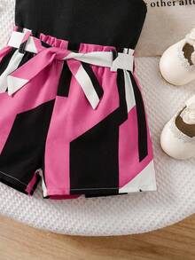 SHEIN 女婴可爱白色吊带背心和松紧腰短裤套装，夏季 - 彩色 - 查看 4