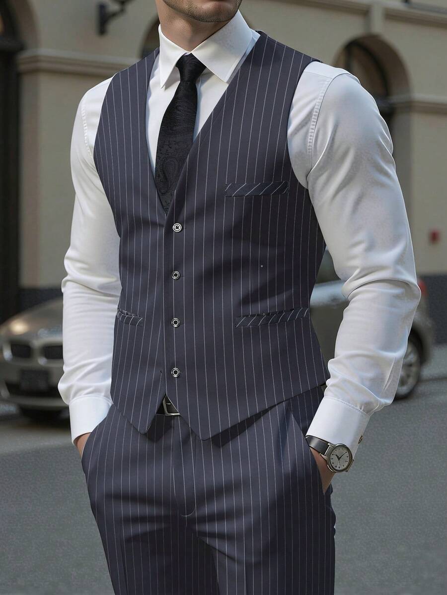 Manfinity Mode Men's Fashion Business Commute Striped Print Suit Vest - Grey - View 1