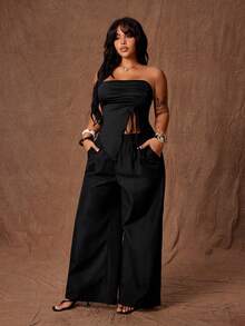 Rustia Plus Size Fashionable Jumpsuit, Sexy Bandeau Top + Casual Minimalist Straight Leg Pants Set, Suitable For Summer Daily Wear Gym Brown - Black - View 3