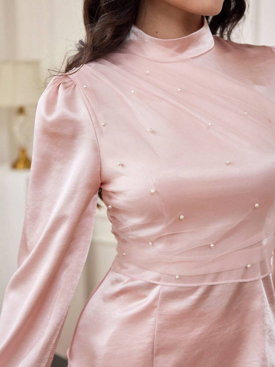 Graceveil Áo kiểu nữ cổ đứng tay phồng phối lưới màu hồng thanh lịch - Hồng - Xem 1
